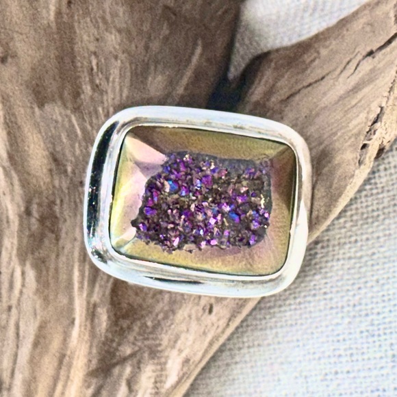 Druzy Golden Quarts Rainbow Titanium Ring - Picture 2 of 6